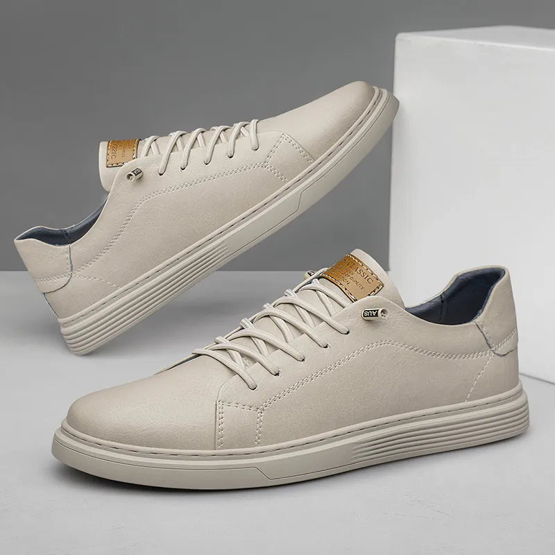 Men’s Leather Casual Shoes – Flat Low Ankle Lace-Up Shoes with Rubber Sole-Sneakers-Camden and Row-White-5-Camden and Row
