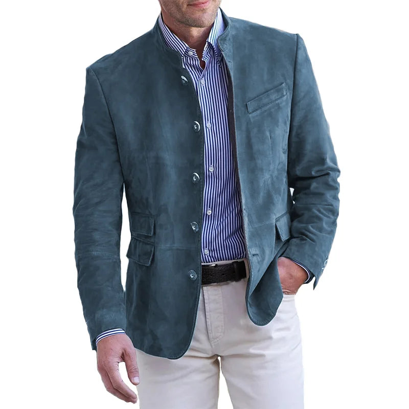 Men's Suede Blazer - Mandarin Collar & Slim Fit-Blazer-Camden and Row-Blue-S-Camden and Row